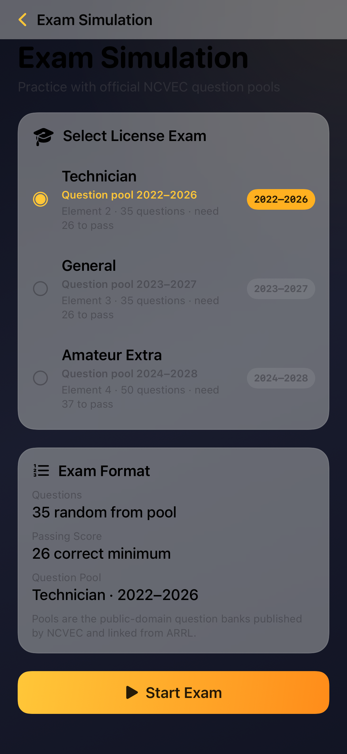 HamBench Exam Simulation setup screen